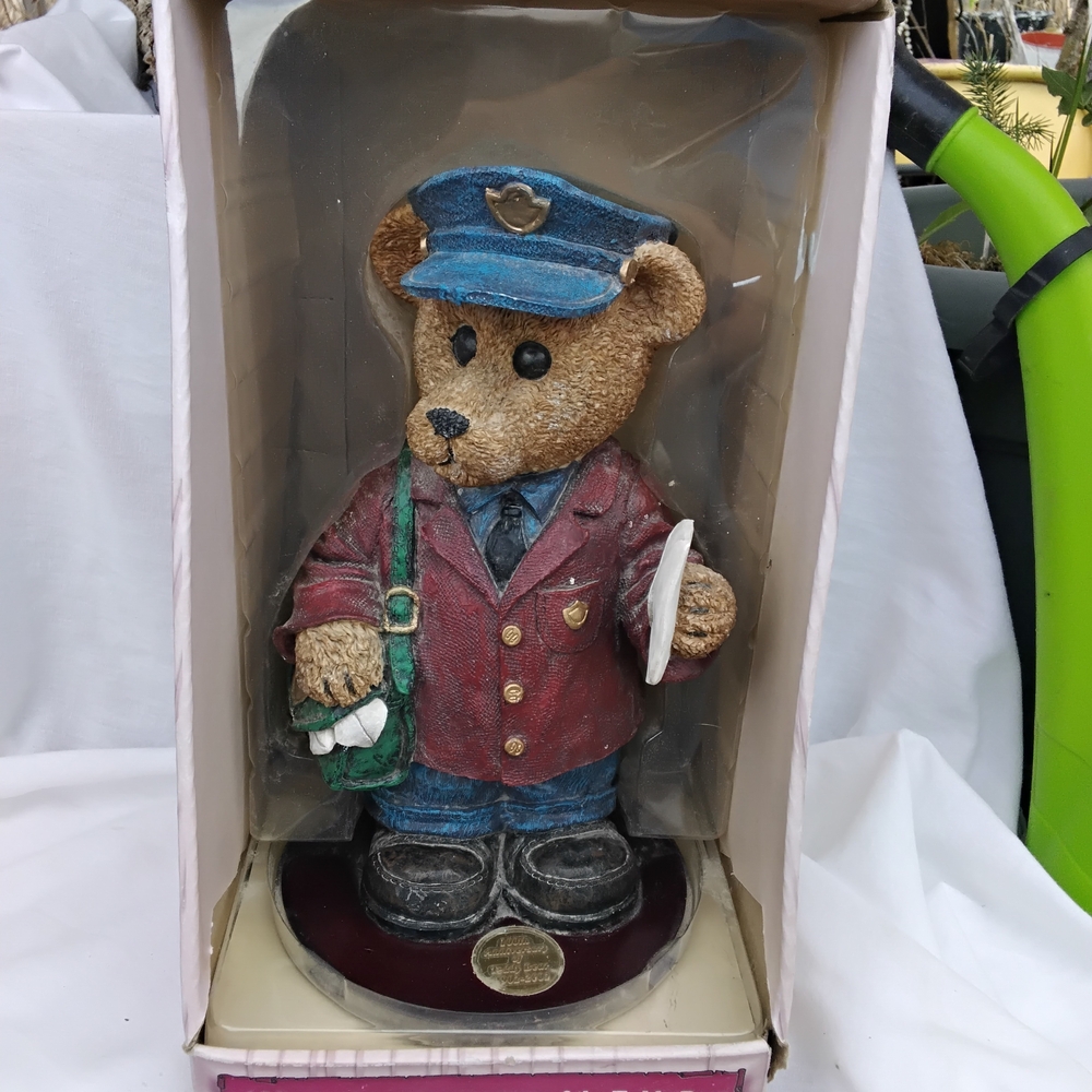Ceramic Teddy Bear Mail Carrier Figurine - Blue Hat, Red Jacket